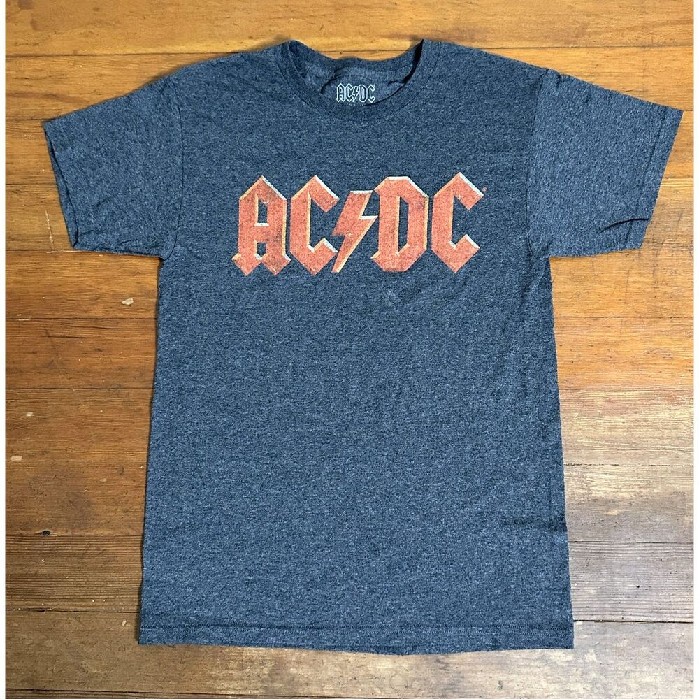AC/DC Men’s T-Shirt – Small – Gray – Distressed Logo Rock Band Short Sleeve